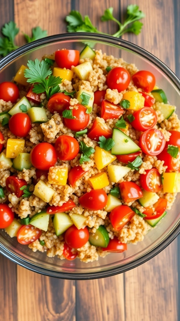 A colorful quinoa salad with cherry tomatoes, cucumbers, and bell peppers, drizzled with balsamic dressing in a glass bowl.